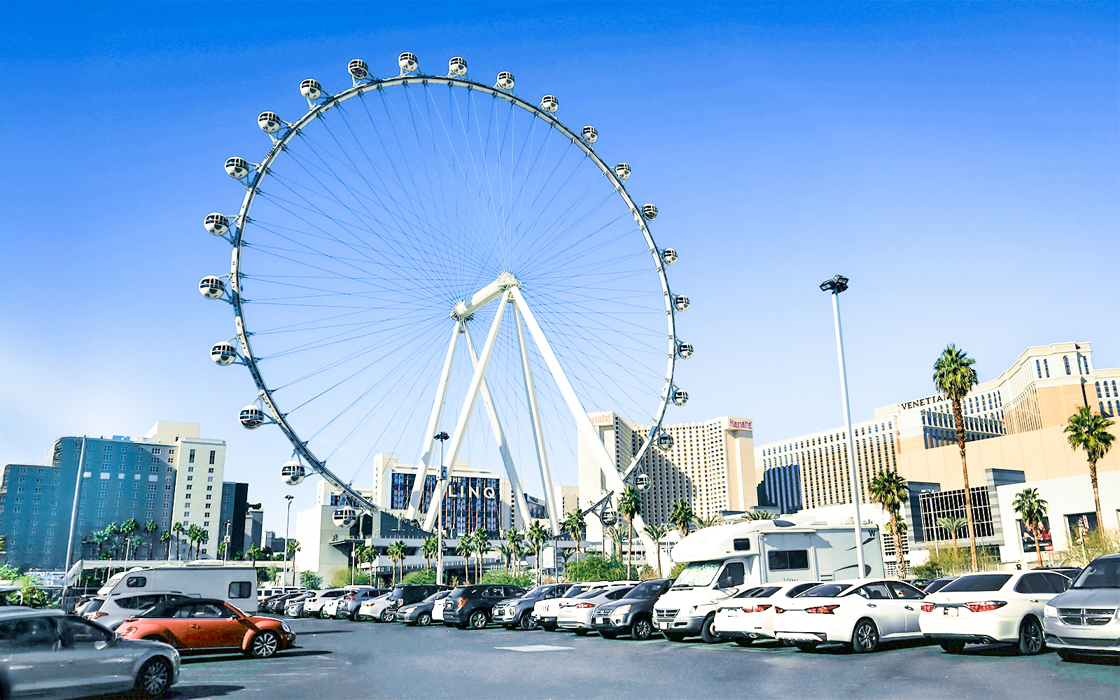 Las Vegas High Roller Observational Wheel with city skyline in the background.