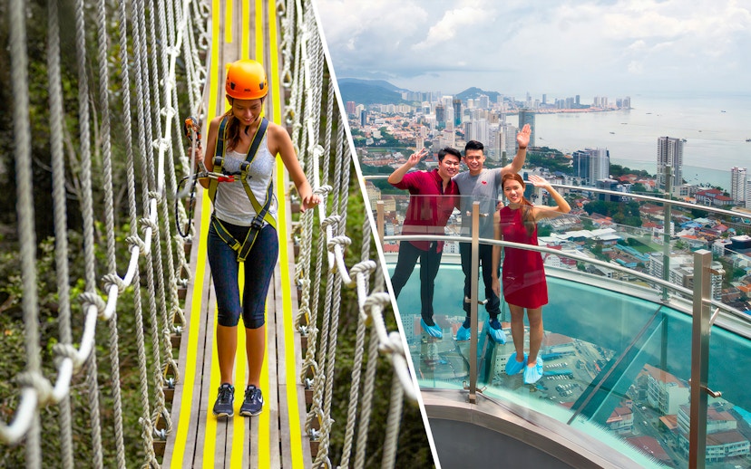 Woman crossing rope bridge at Habitat Penang Hill; group on Rainbow Skywalk with city view.