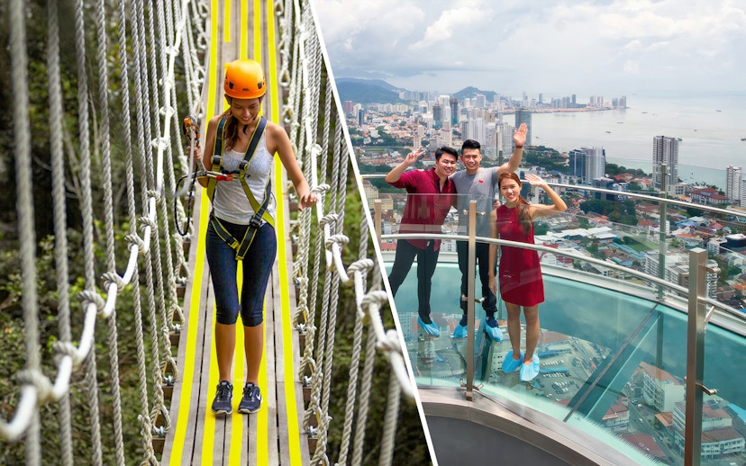 Woman crossing rope bridge at Habitat Penang Hill; group on Rainbow Skywalk with city view.
