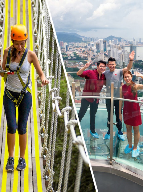 Woman crossing rope bridge at Habitat Penang Hill; group on Rainbow Skywalk with city view.