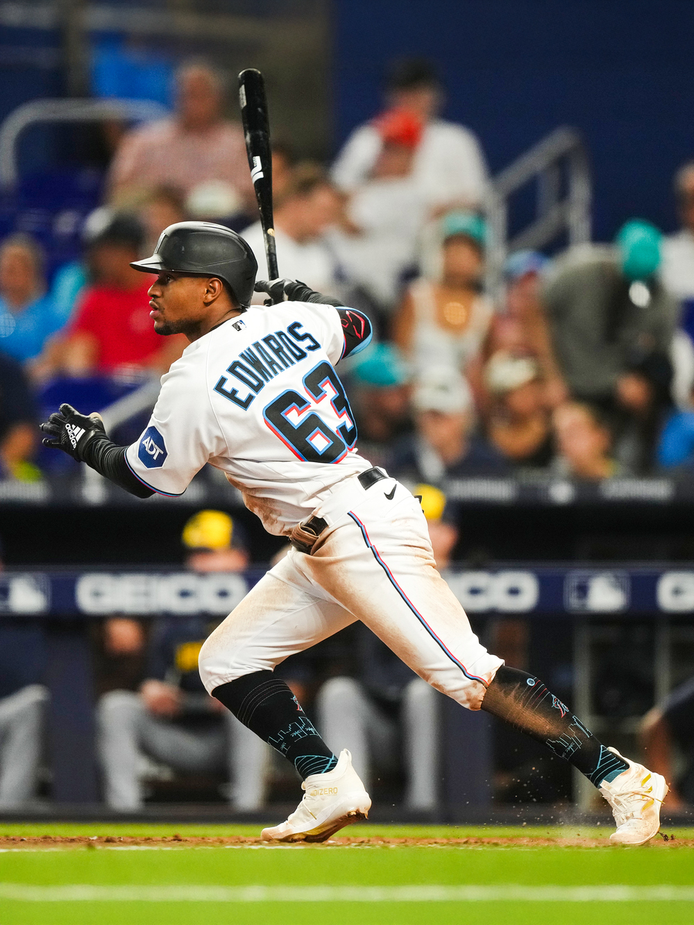 Miami Marlins player in action during a baseball game.
