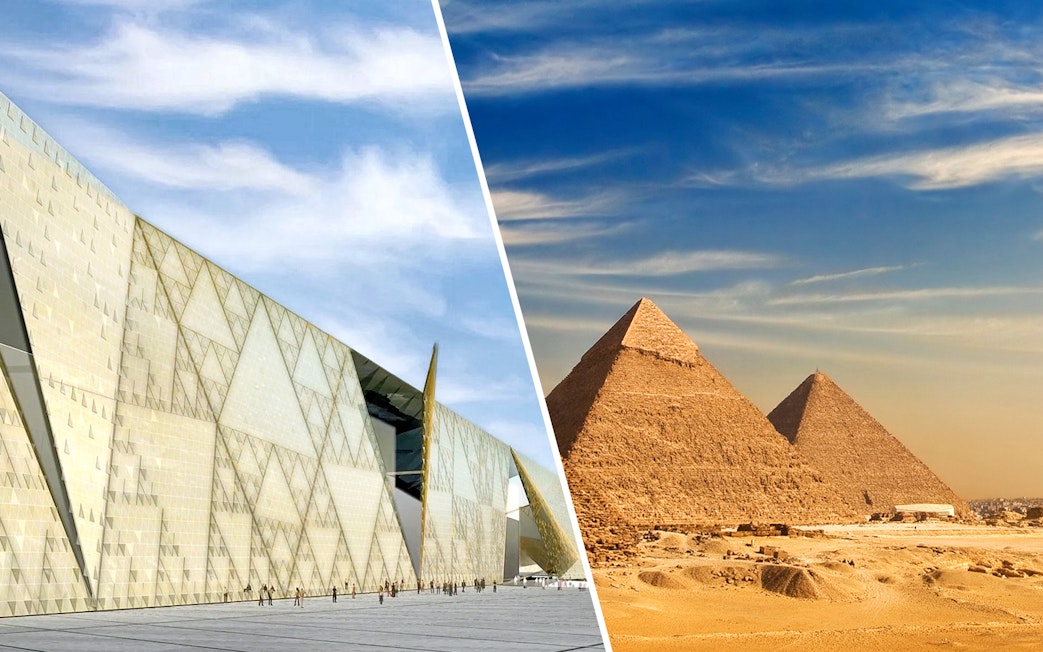 Grand Egyptian Museum facade and Pyramids of Giza under a clear sky.