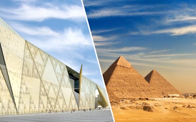 Grand Egyptian Museum facade and Pyramids of Giza under a clear sky.