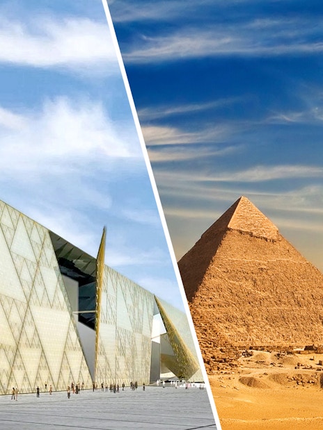 Grand Egyptian Museum facade and Pyramids of Giza under a clear sky.
