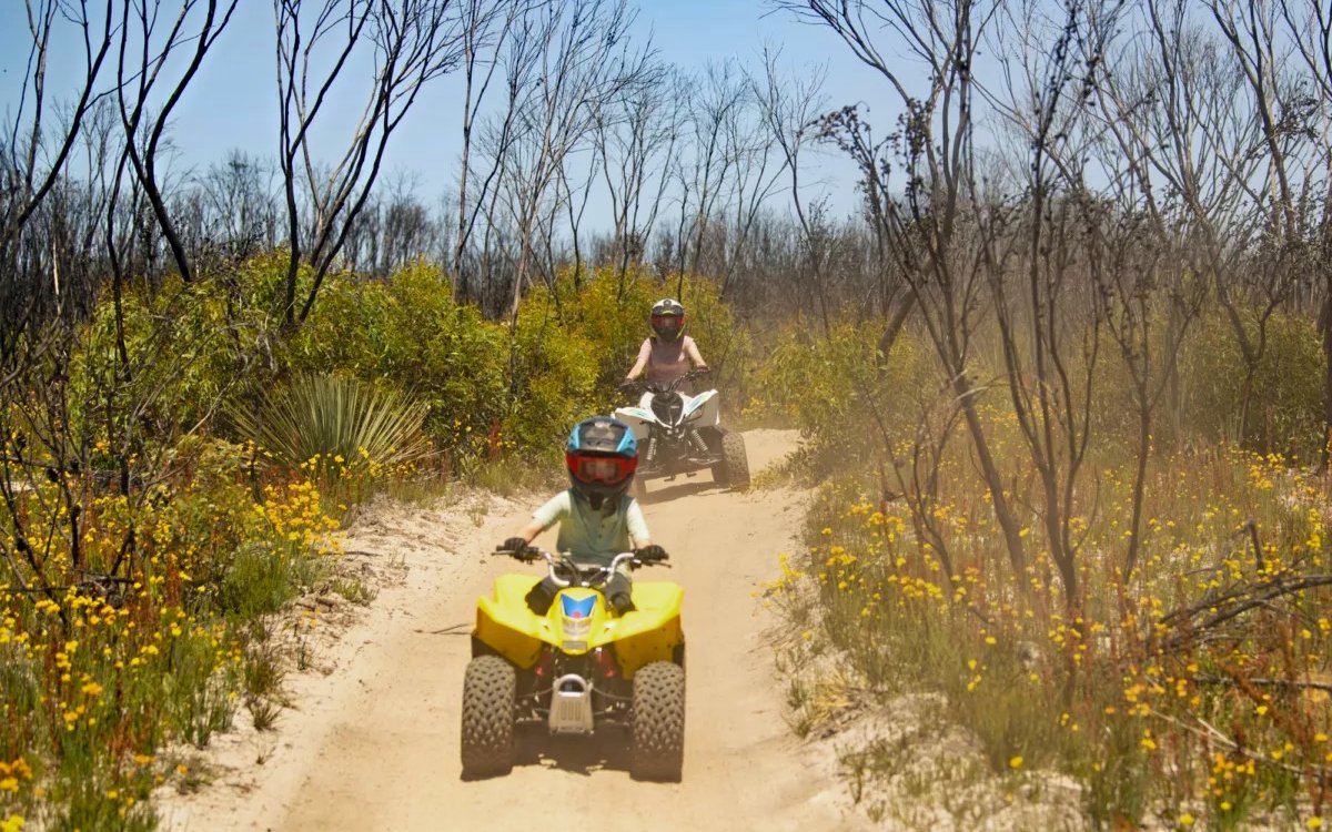 Group riding ATVs through a sandy trail at Vivonne Bay, Kangaroo Island.