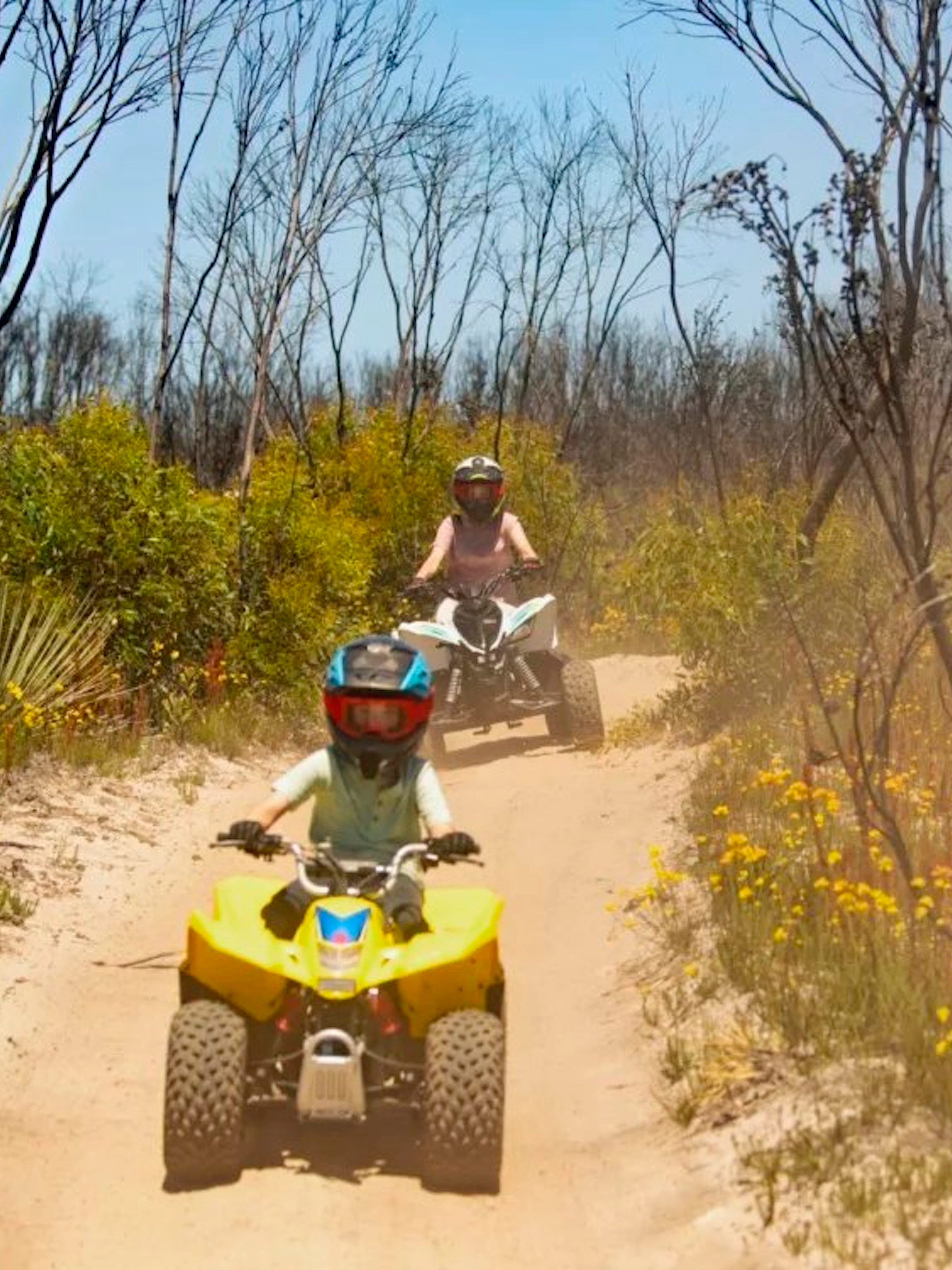 Group riding ATVs through a sandy trail at Vivonne Bay, Kangaroo Island.