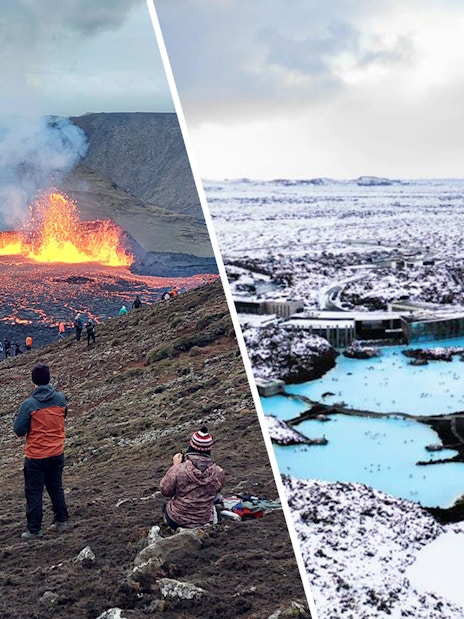Hikers observing volcanic eruption and Blue Lagoon geothermal spa near Reykjavík.