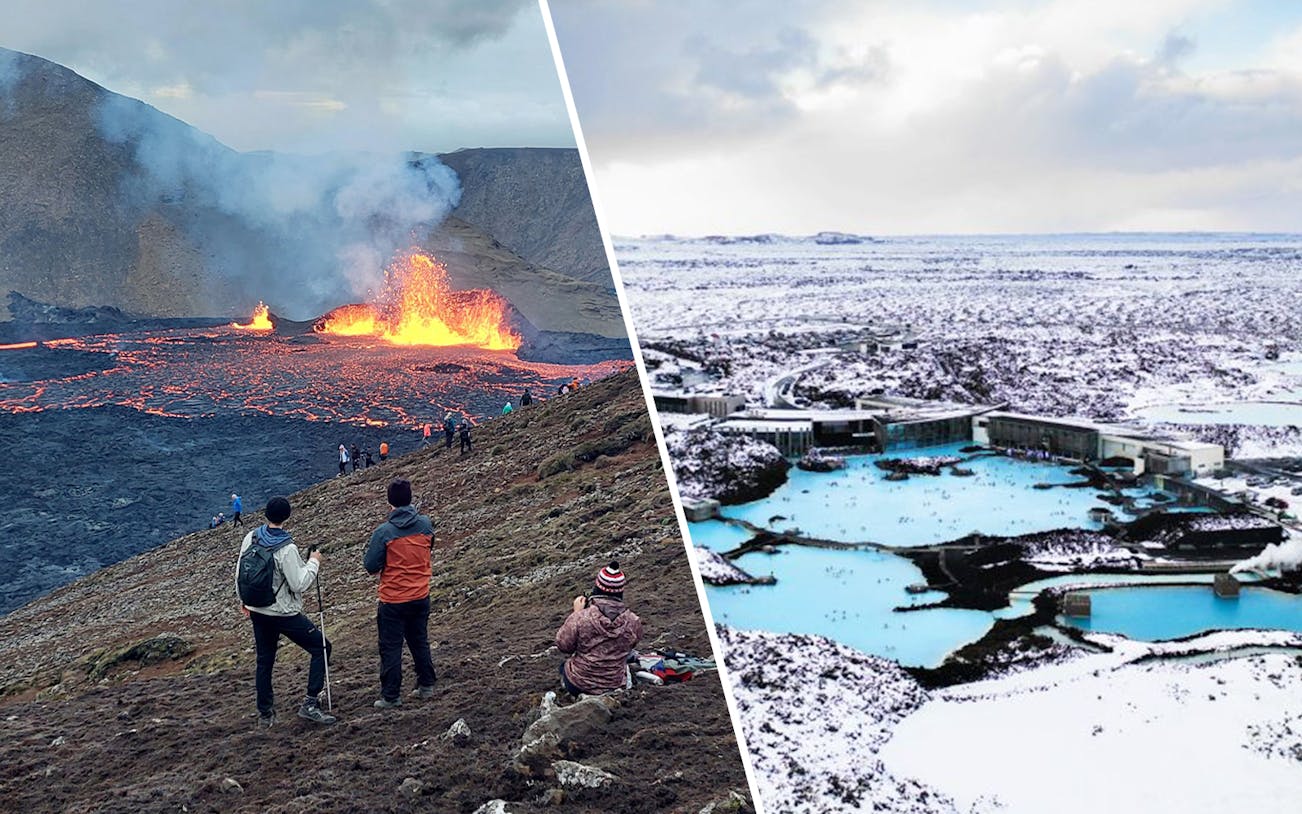 Hikers observing volcanic eruption and Blue Lagoon geothermal spa near Reykjavík.