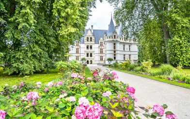 Château of Azay-le-Rideau with gardens and pathway in Loire Valley, France.