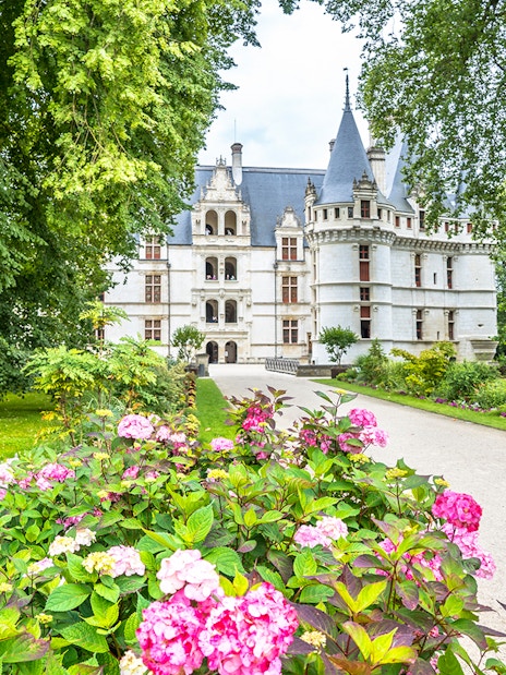 Château of Azay-le-Rideau with gardens and pathway in Loire Valley, France.