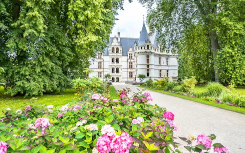 Château of Azay-le-Rideau with gardens and pathway in Loire Valley, France.