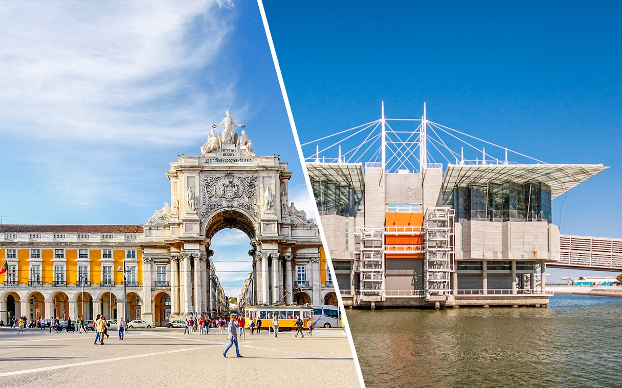 Lisbon's Rua Augusta Arch and Oceanário de Lisboa exterior.