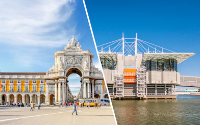 Lisbon's Rua Augusta Arch and Oceanário de Lisboa exterior.