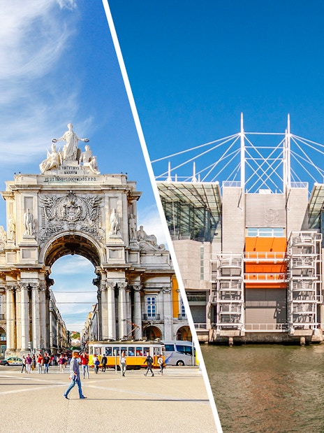 Lisbon's Rua Augusta Arch and Oceanário de Lisboa exterior.