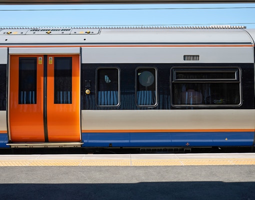 Train at platform, tour transportation option.
