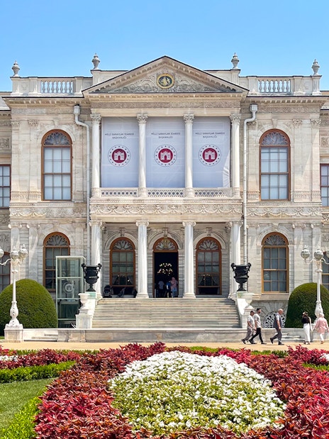 Dolmabahçe Palace exterior with gardens, Istanbul.
