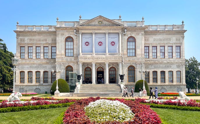 Dolmabahçe Palace exterior with gardens, Istanbul.