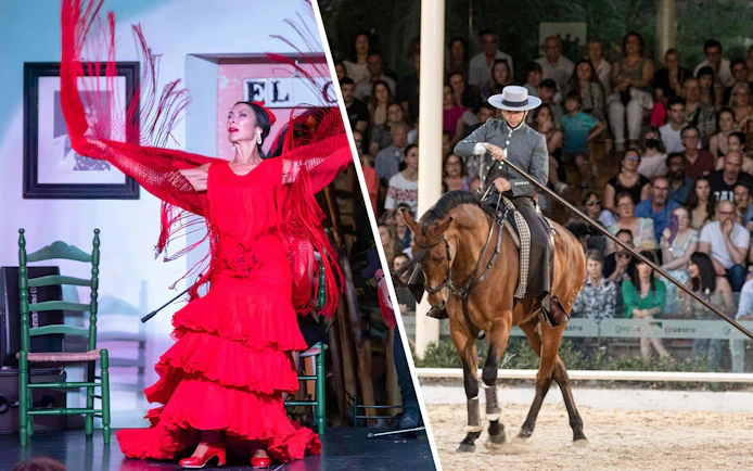 Flamenco dancer in red dress and equestrian performer in traditional attire at a show.