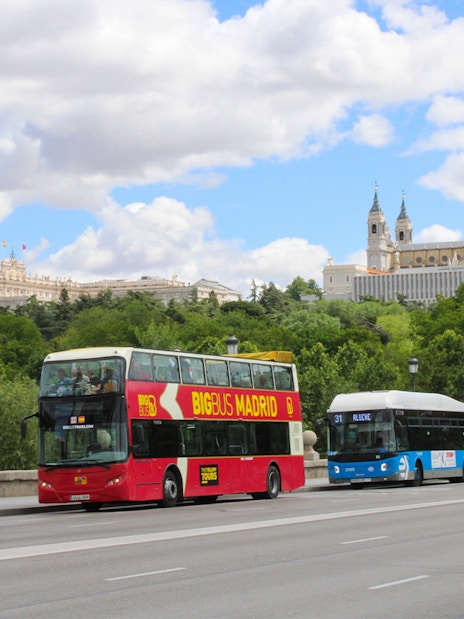 Panoramic view of Madrid with Big Bus HOHO tour passing Royal Palace and Almudena Cathedral.