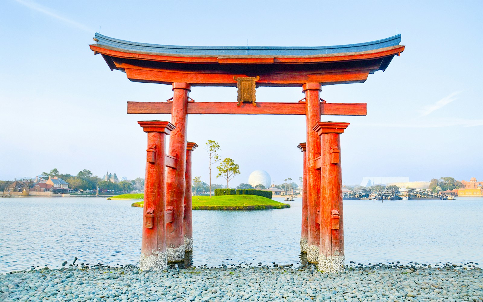 Torii gate overlooking water at China pavilion, EPCOT Center, Bay Lake, Florida.