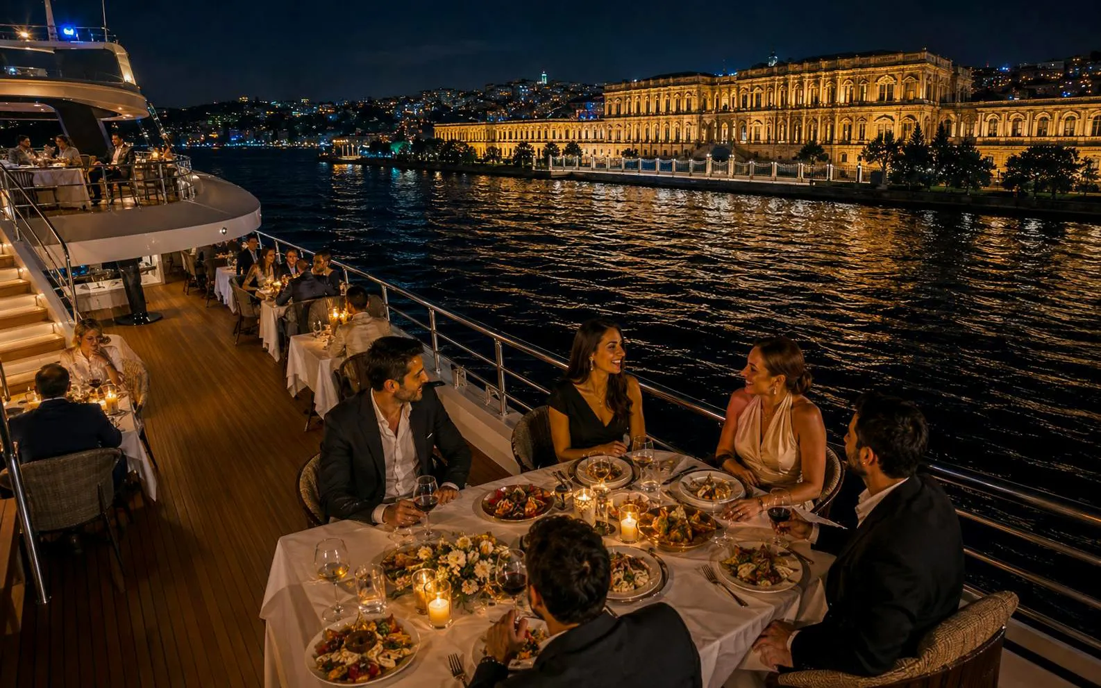 Dinner cruise on the Bosphorus with view of Çırağan Palace, Istanbul.