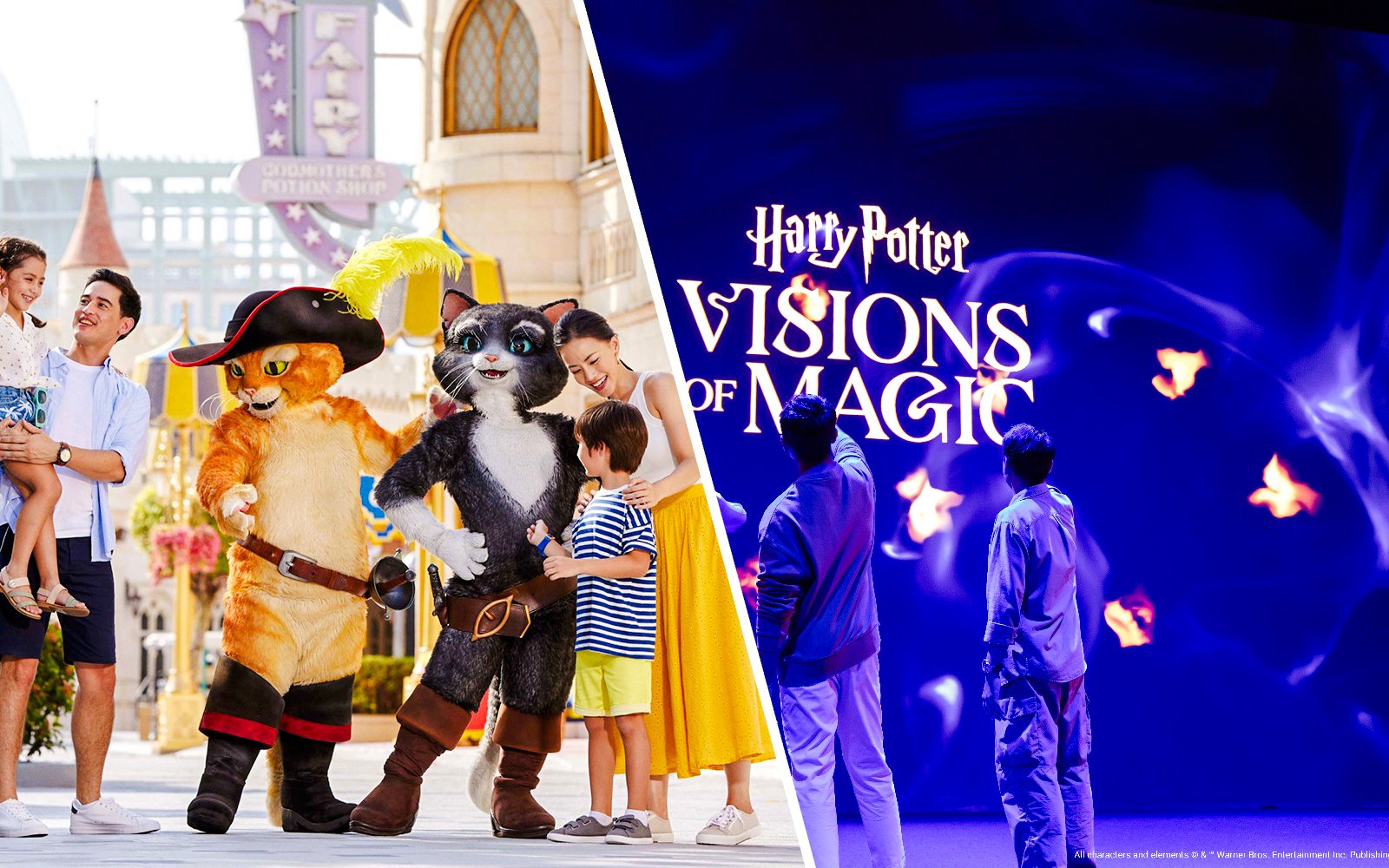 Family meeting characters at theme park and exploring Harry Potter Visions of Magic show.