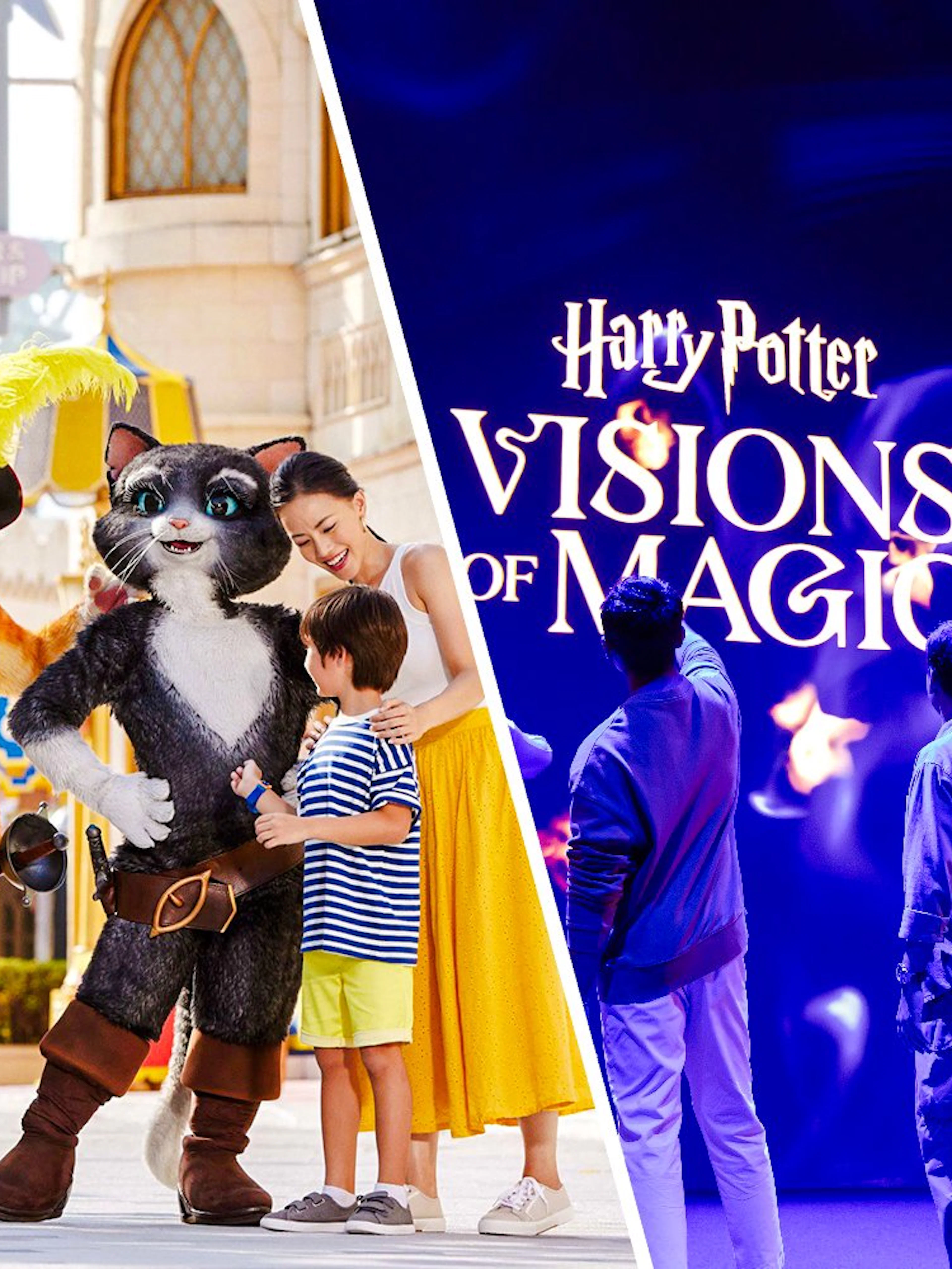Family meeting characters at theme park and exploring Harry Potter Visions of Magic show.