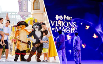 Family meeting characters at theme park and exploring Harry Potter Visions of Magic show.