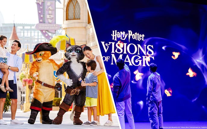 Family meeting characters at theme park and exploring Harry Potter Visions of Magic show.