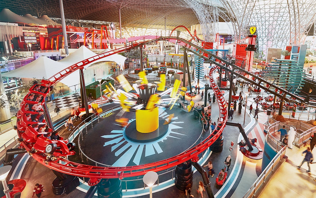 Roller coaster and attractions inside Ferrari World Abu Dhabi.