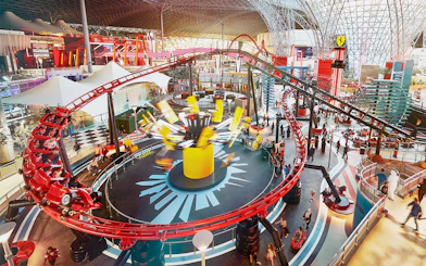 Roller coaster and attractions inside Ferrari World Abu Dhabi.