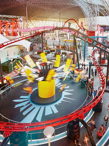 Roller coaster and attractions inside Ferrari World Abu Dhabi.