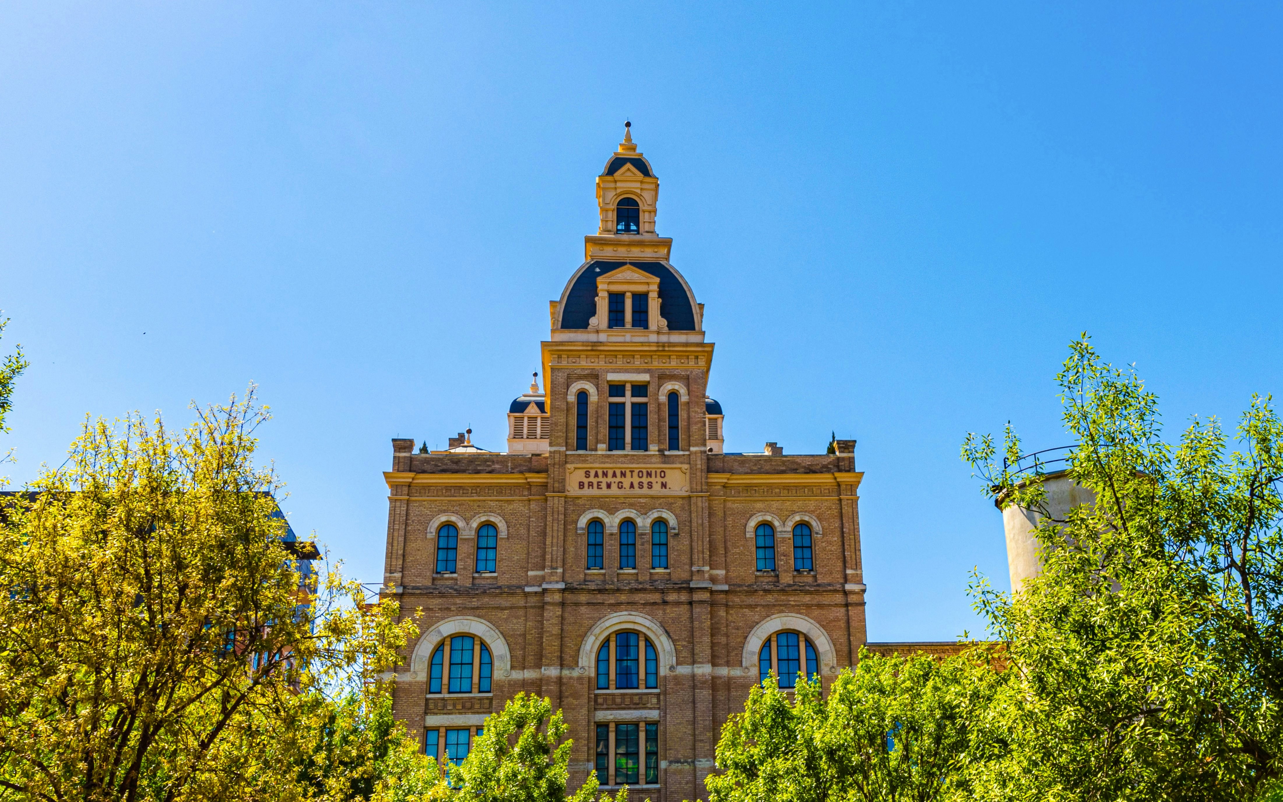 Historic brewery building with tower, San Antonio, Texas.