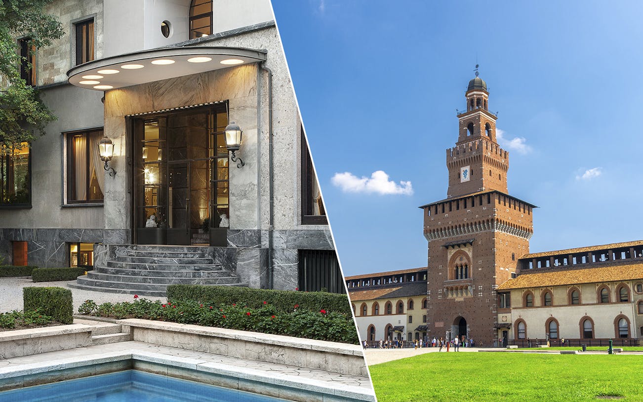 Villa Necchi Campiglio entrance and Sforza Castle tower in Milan, Italy.