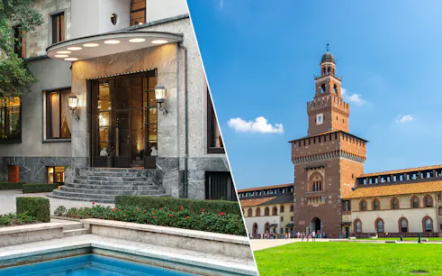 Villa Necchi Campiglio entrance and Sforza Castle tower in Milan, Italy.