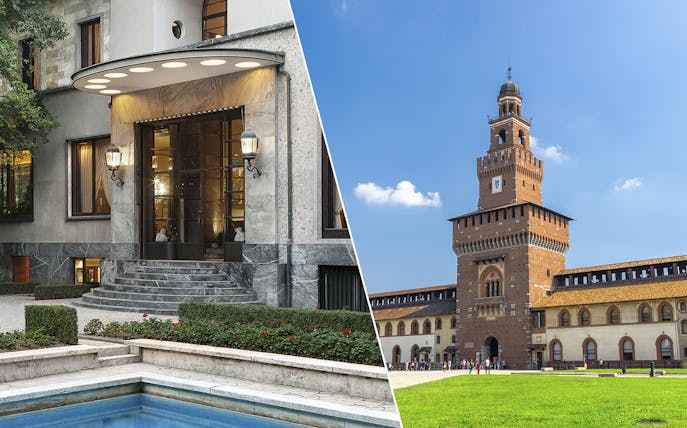 Villa Necchi Campiglio entrance and Sforza Castle tower in Milan, Italy.