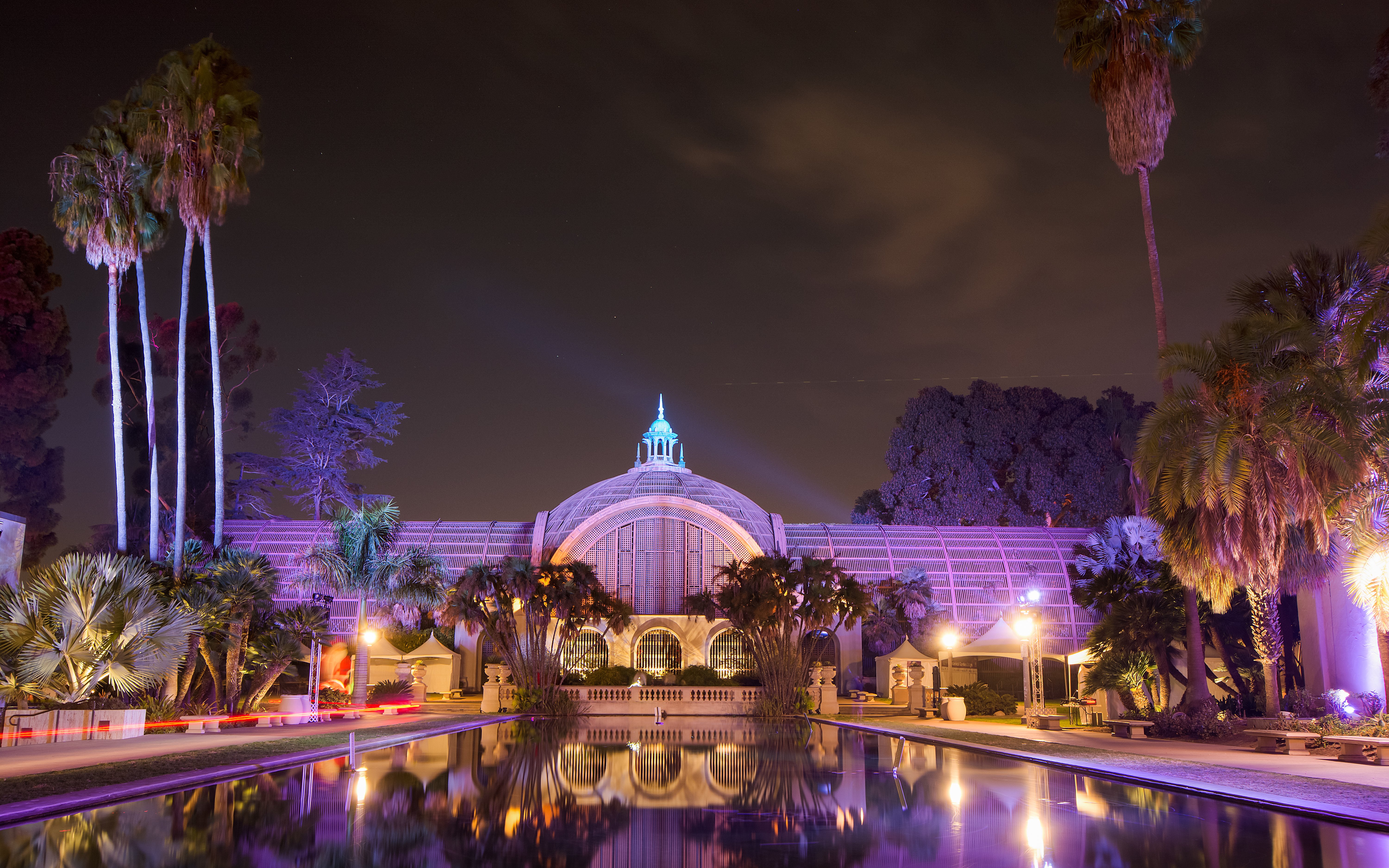 Balboa Park Botanical Building illuminated at night, San Diego, December.