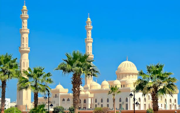 Hurghada mosque with palm trees and blue sky on a city highlights tour.