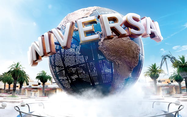 Universal Studios Japan globe with palm trees and attractions in the background.