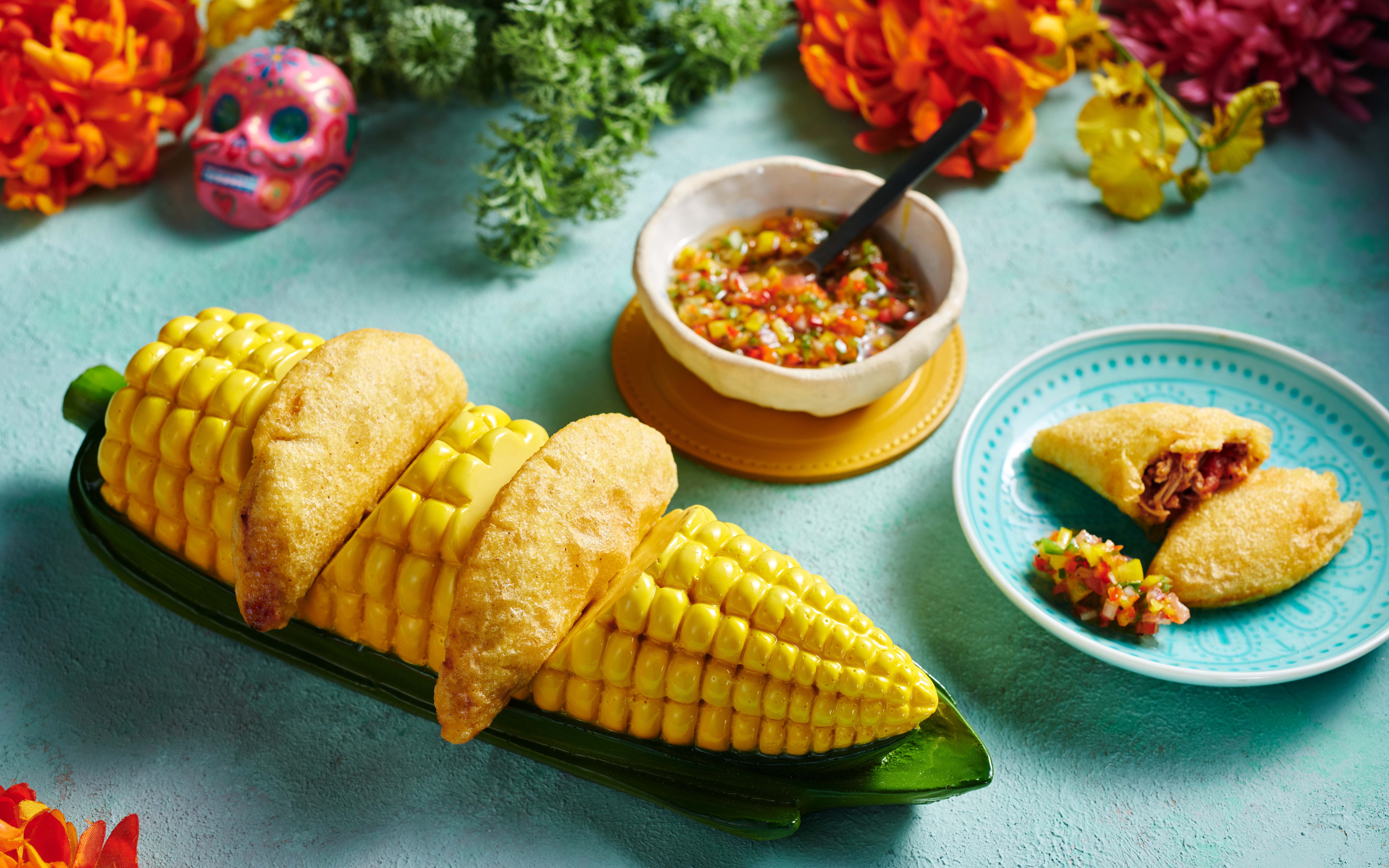 Empanadas with salsa and corn display at En Fuego Fiesta Mexicana Saturday Brunch, Dubai.