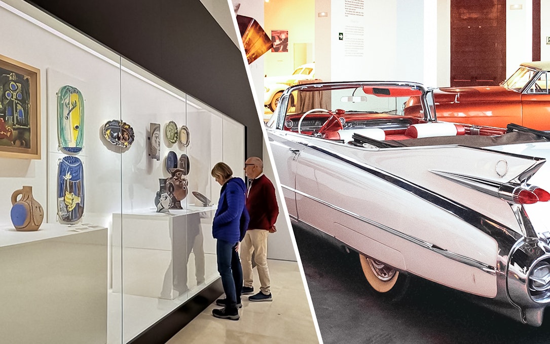 Visitors viewing Picasso ceramics at Malaga Picasso Museum and classic cars at Automobile & Fashion Museum.