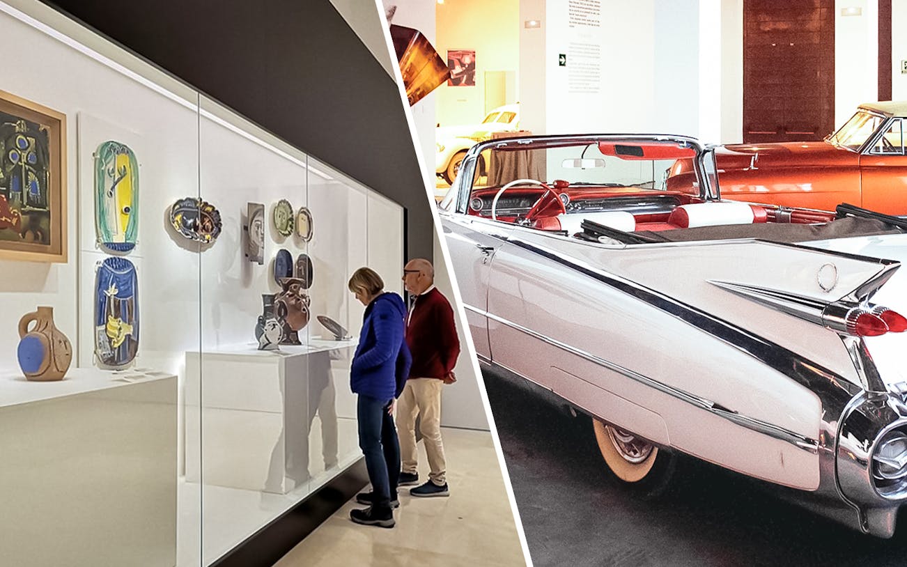 Visitors viewing Picasso ceramics at Malaga Picasso Museum and classic cars at Automobile & Fashion Museum.