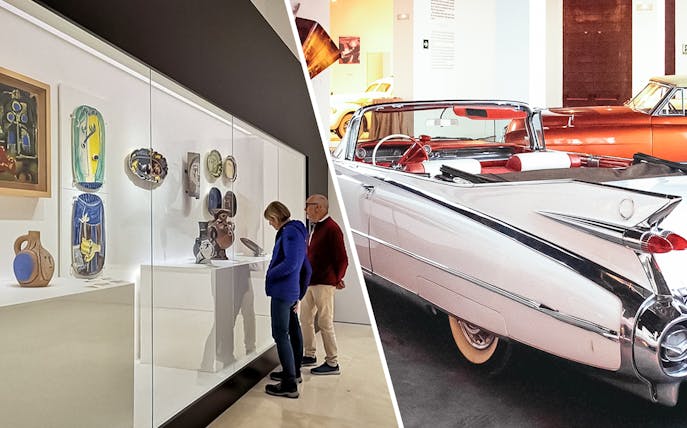 Visitors viewing Picasso ceramics at Malaga Picasso Museum and classic cars at Automobile & Fashion Museum.