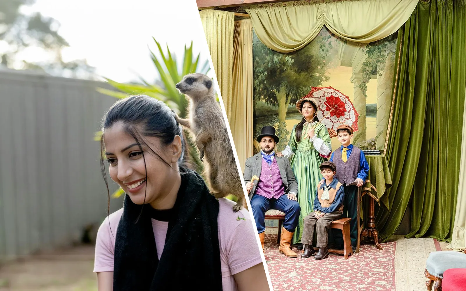 Meerkat on woman's shoulder at Ballarat Wildlife Park; family in period costumes indoors.