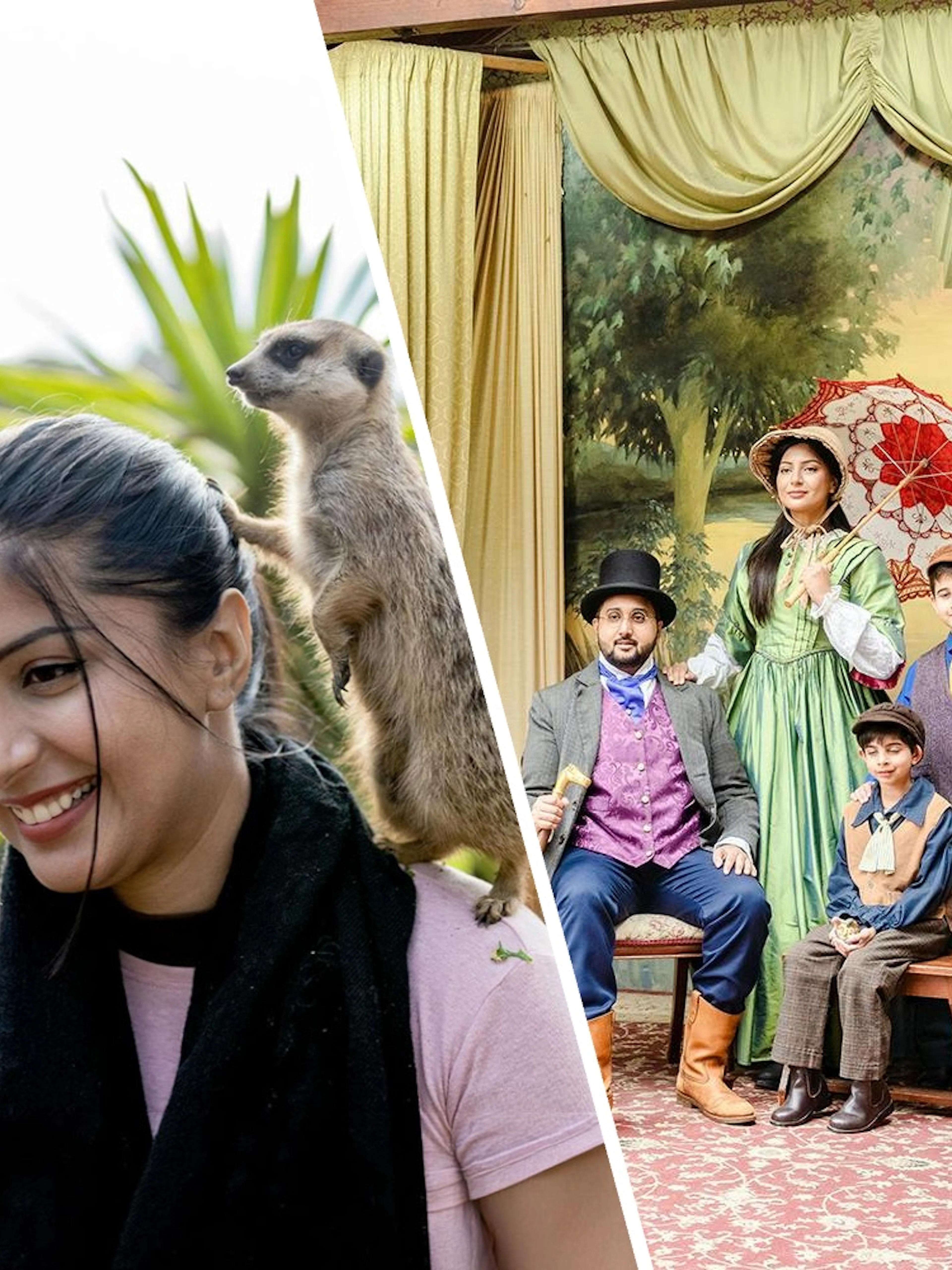 Meerkat on woman's shoulder at Ballarat Wildlife Park; family in period costumes indoors.