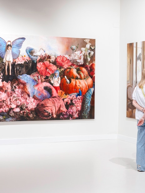 Visitor viewing contemporary art at Moco Museum Barcelona.