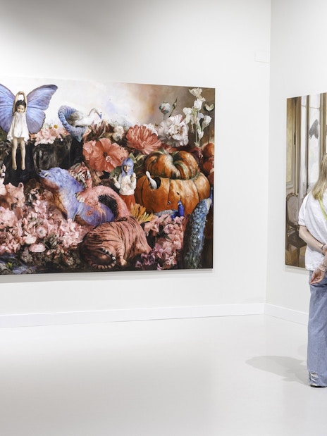 Visitor viewing contemporary art at Moco Museum Barcelona.