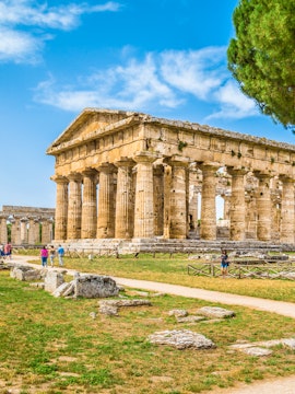 Ancient Greek temple ruins at Paestum Archaeological Site, Salerno, Campania, Italy.