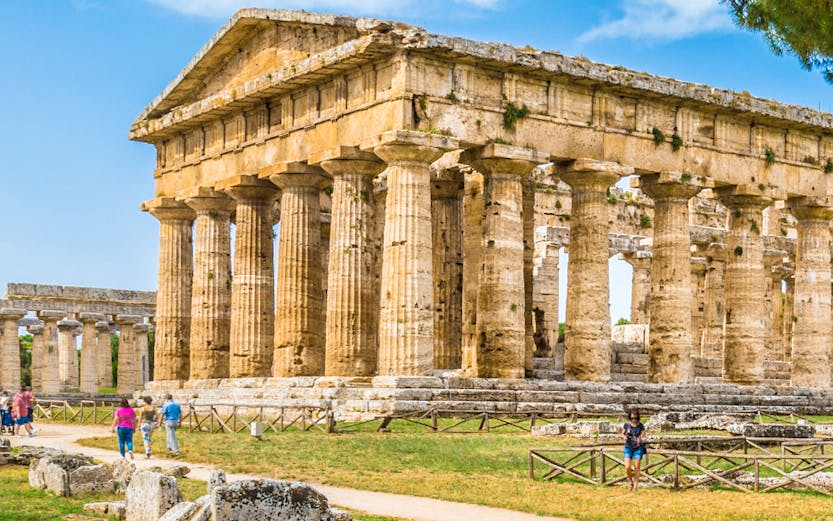 Ancient Greek temple ruins at Paestum Archaeological Site, Salerno, Campania, Italy.