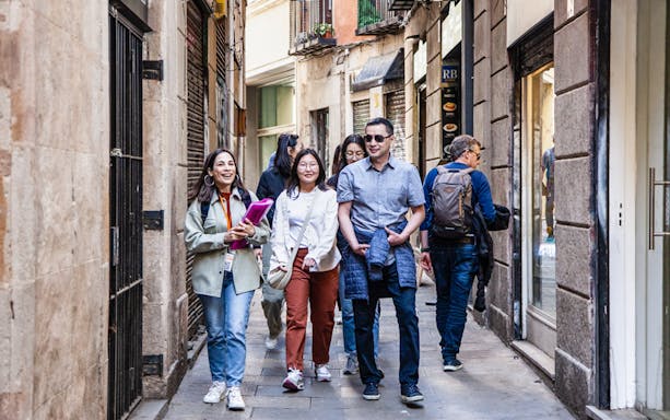 Guests walking with guide through narrow European street.
